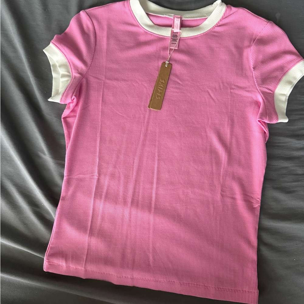 Skims Pink and White Short Sleeve Tee